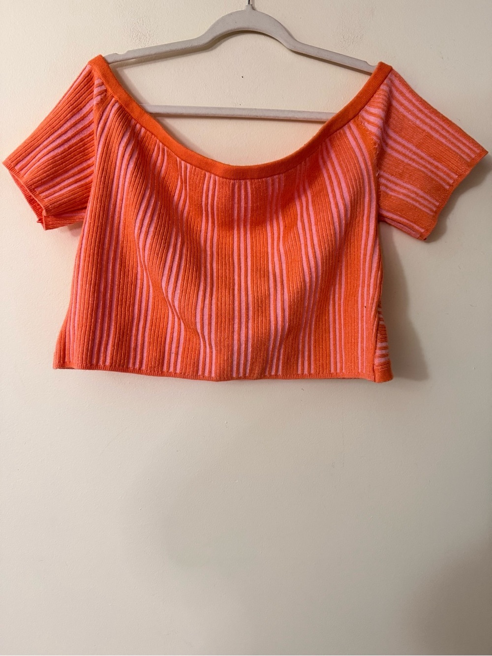 aerie Off-Shoulder Ribbed Stripe Crop Top - Orange Pink, size XXL